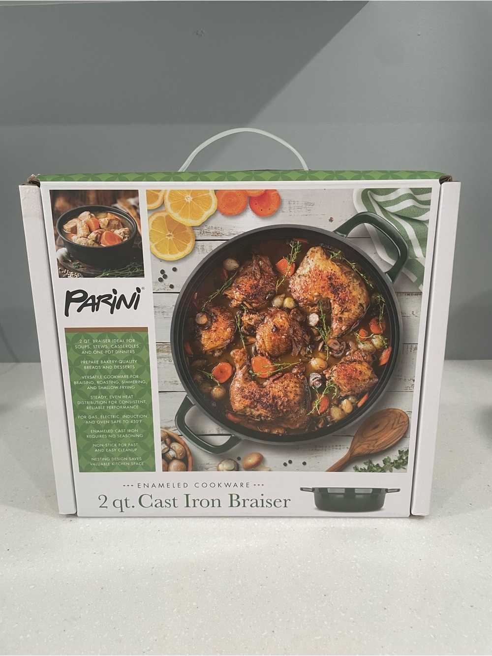 Parini 2 Qt Enameled Cast Iron Braiser Deep Green New in Box